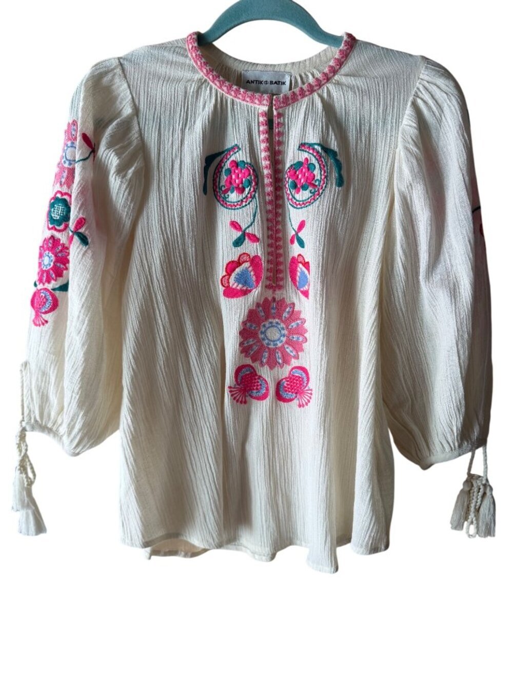 Antik Batik Womens Magoo Embroidered Blouse Size XS Cream Pink Cotton Bohemian